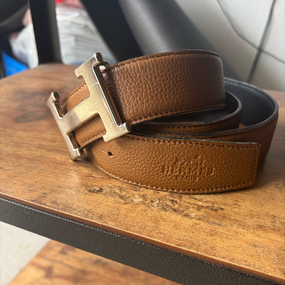 Hermes Tan Leather Belt with Silver Buckle